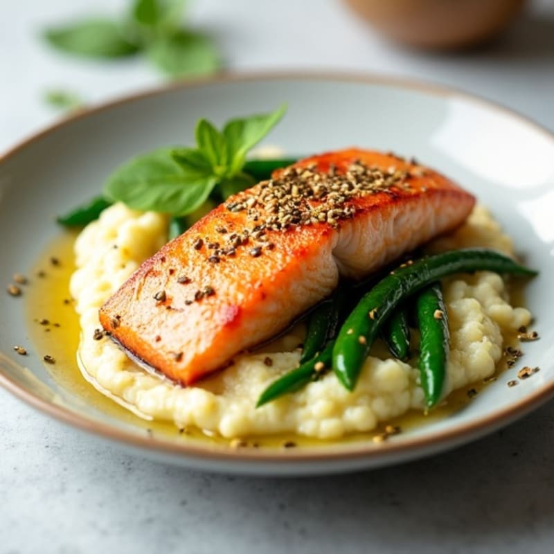 Seared Salmon with Garlic Green Beans and Cauliflower Mash