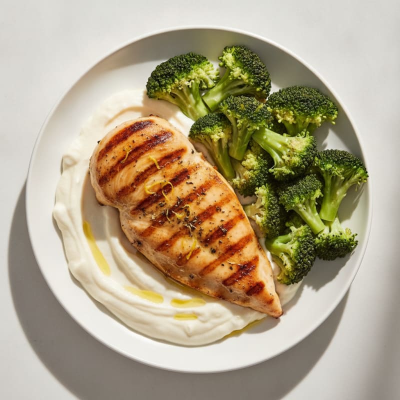 Grilled Chicken Breast with Creamy Garlic Cauliflower Mash and Steamed Broccoli