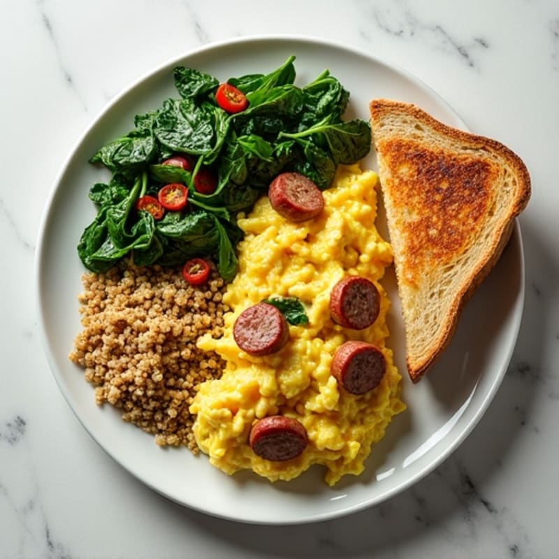 Egg White and Turkey Sausage Scramble with Sautéed Spinach