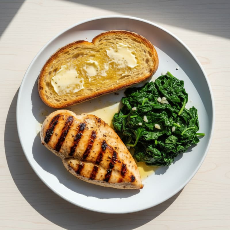 Grilled Chicken Breast with Sourdough Toast and Buttered Steamed Greens