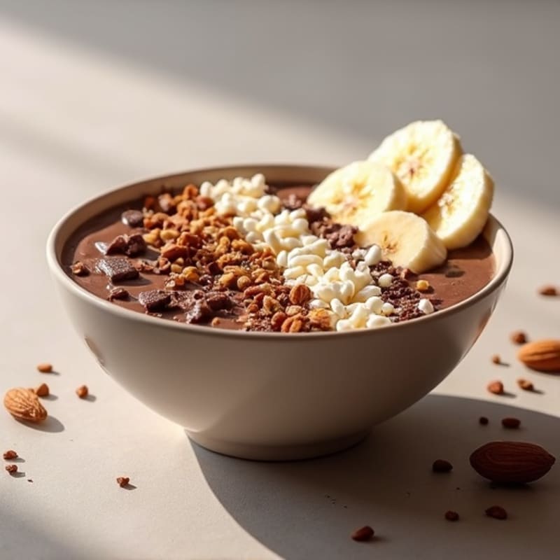 Dark Chocolate Protein Smoothie Bowl with Crunchy Almonds and Coconut Fluff