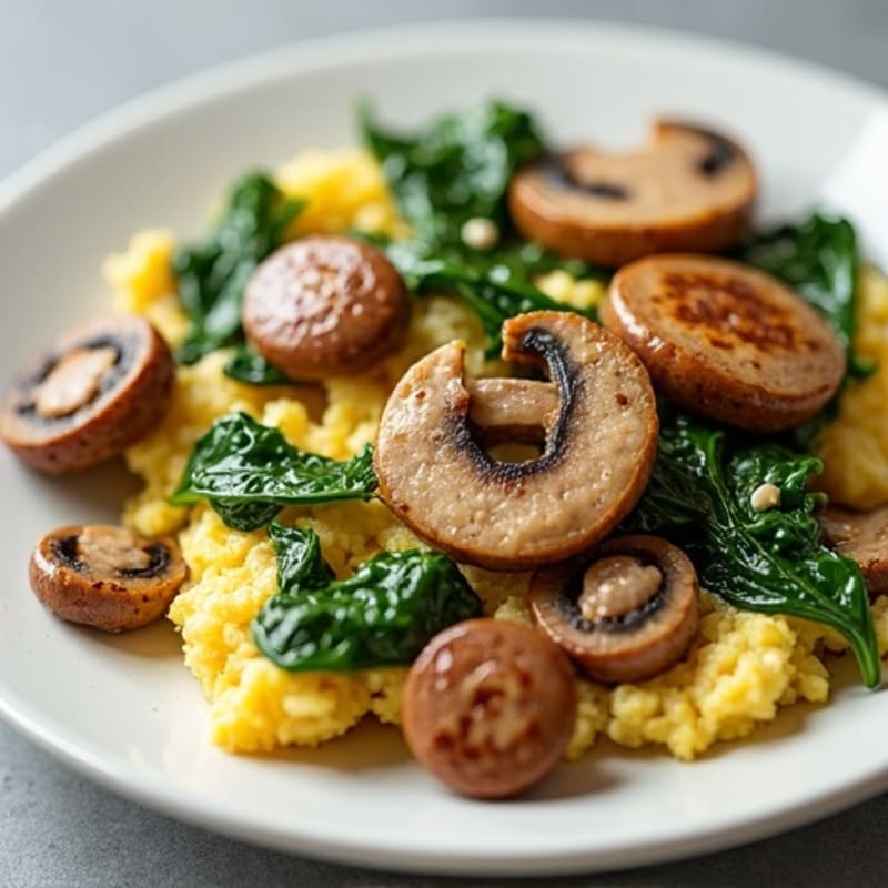 Egg White Spinach Scramble with Turkey Sausage and Sautéed Mushrooms