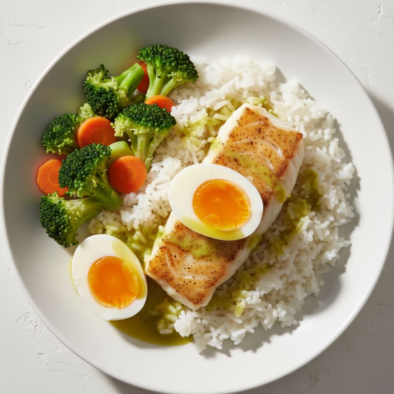 Seared White Fish with Steamed Vegetables and Jasmine Rice