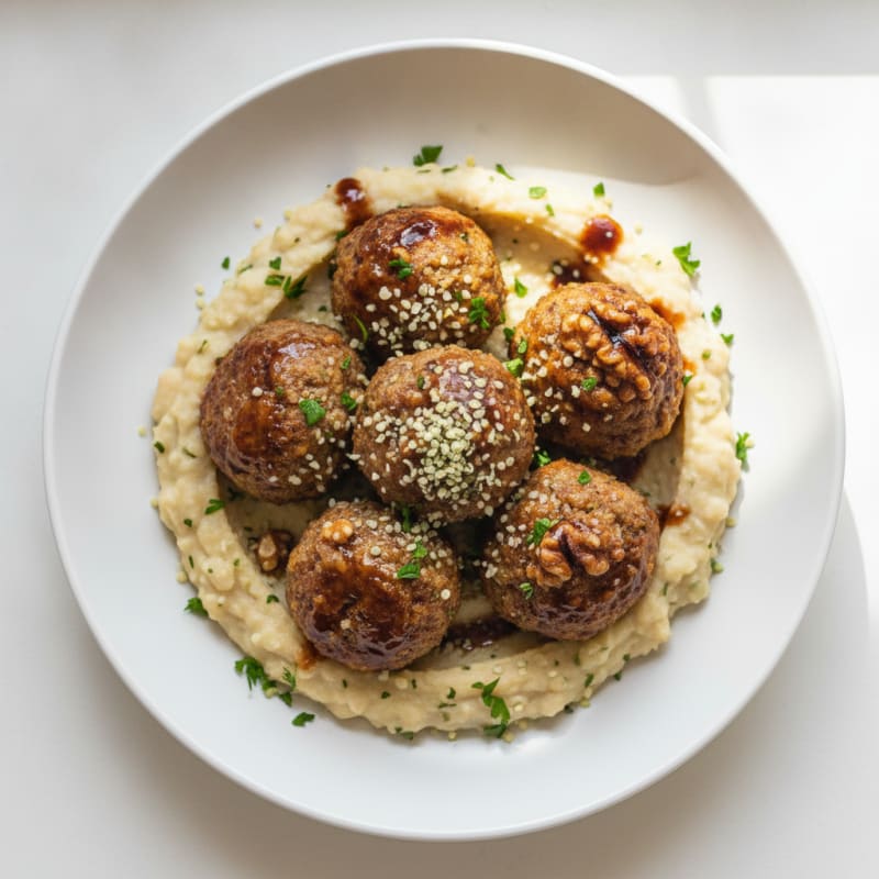Lentil Walnut Meatballs with Creamy White Bean Mash