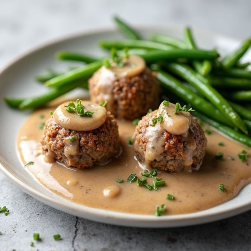 Baked Lean Beef Meatballs with Creamy Mushroom Gravy and Roasted Green Beans