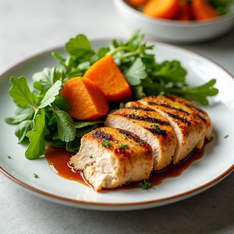Grilled Chicken Breast with Roasted Sweet Potato and Mixed Greens