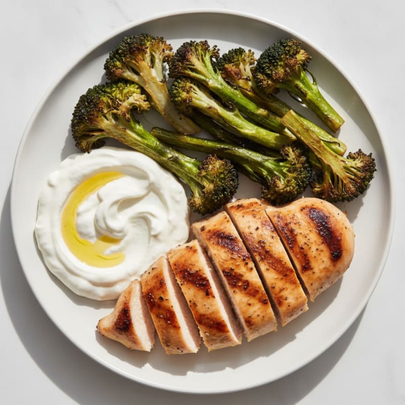 Grilled Chicken Breast with Roasted Broccoli and Garlic Yogurt Dip