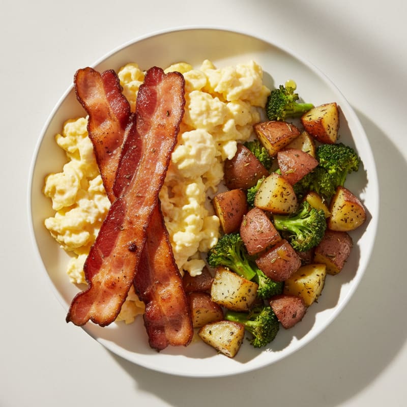 Scrambled Eggs with Crispy Bacon and Roasted Potatoes