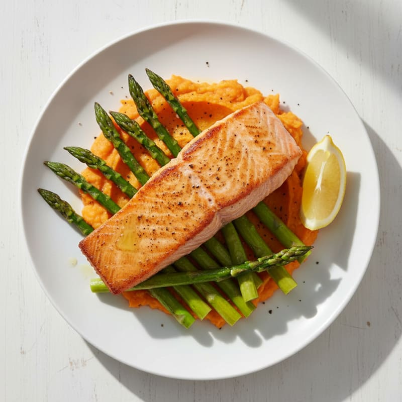 Seared Salmon Fillet with Roasted Asparagus and Sweet Potato Mash