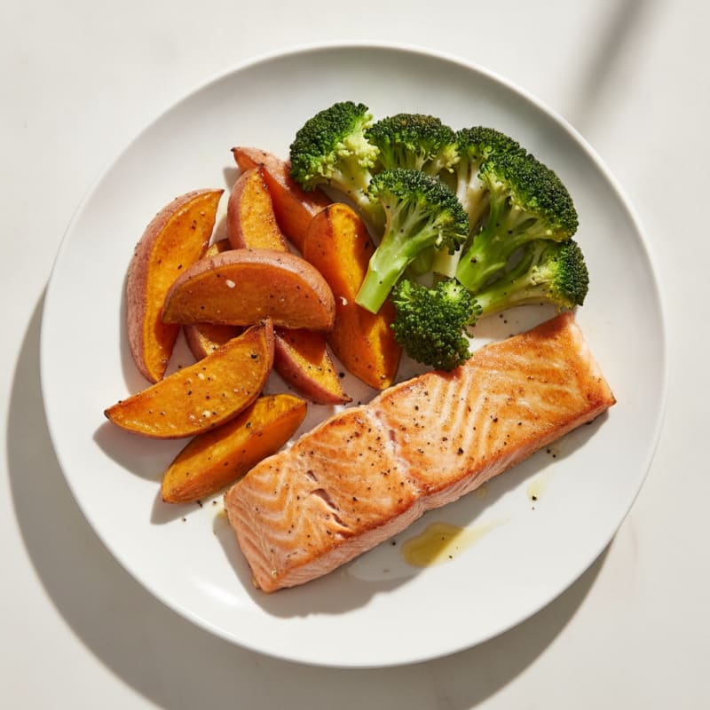 Seared Salmon with Roasted Sweet Potatoes and Steamed Broccoli