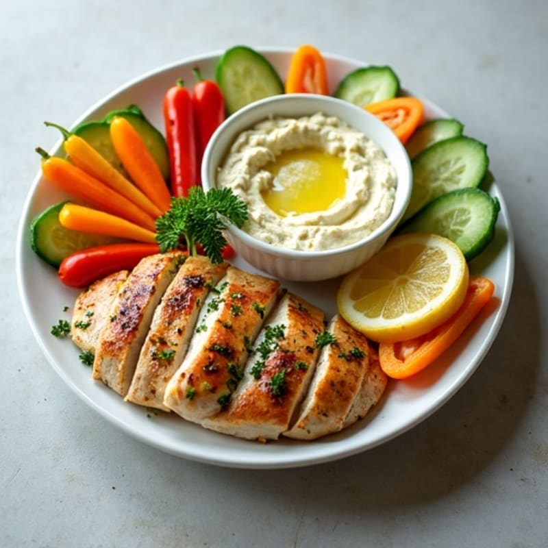 Creamy Hummus with Crisp Vegetables and Herb-Marinated Chicken