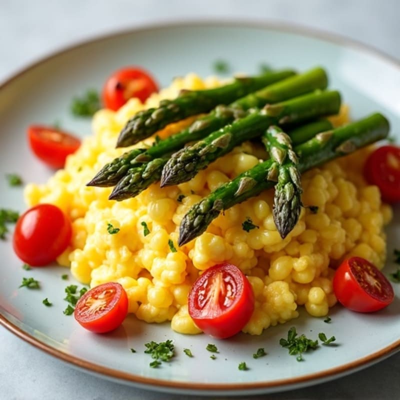 Fluffy Scrambled Eggs with Roasted Asparagus and Cherry Tomatoes