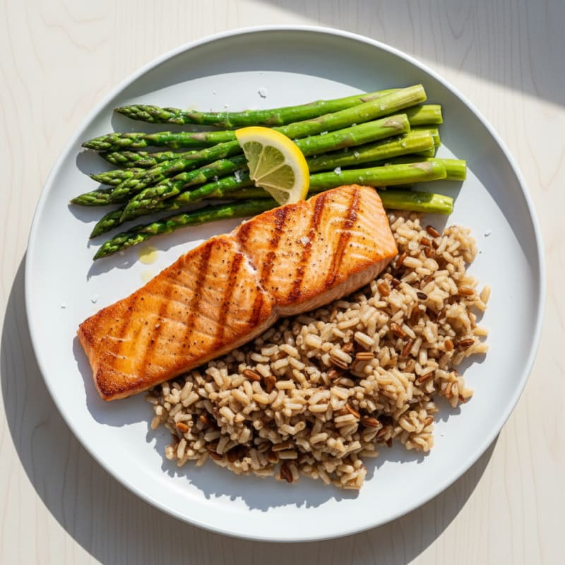 Seared Salmon Fillet with Steamed Asparagus and Brown Rice