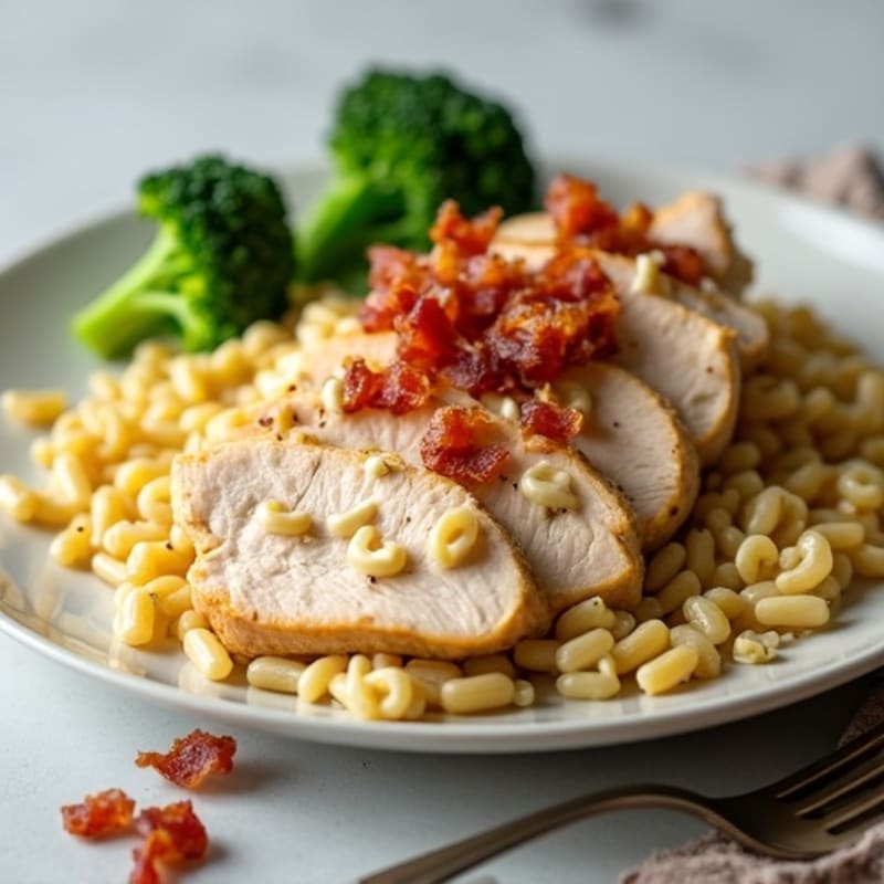 Creamy Ranch Chicken Whole Wheat Pasta with Crispy Turkey Bacon and Fresh Broccoli