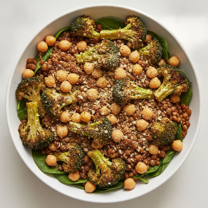 Chickpea and Lentil Protein Bowl with Roasted Broccoli