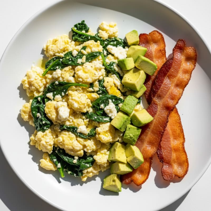 Cottage Cheese Egg Scramble with Spinach and Turkey Bacon