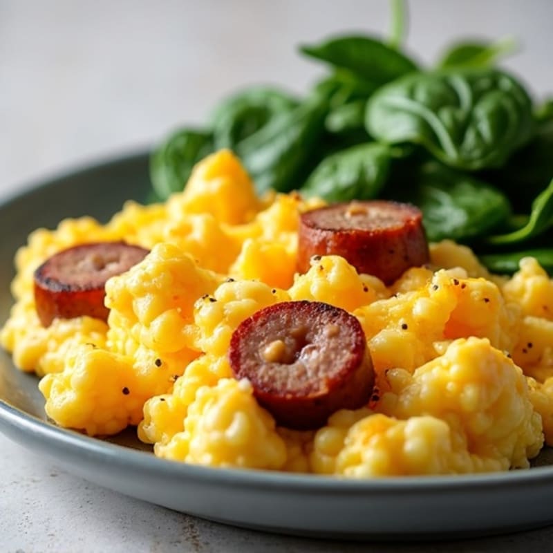 Cheesy Scrambled Eggs with Turkey Sausage and Sautéed Spinach