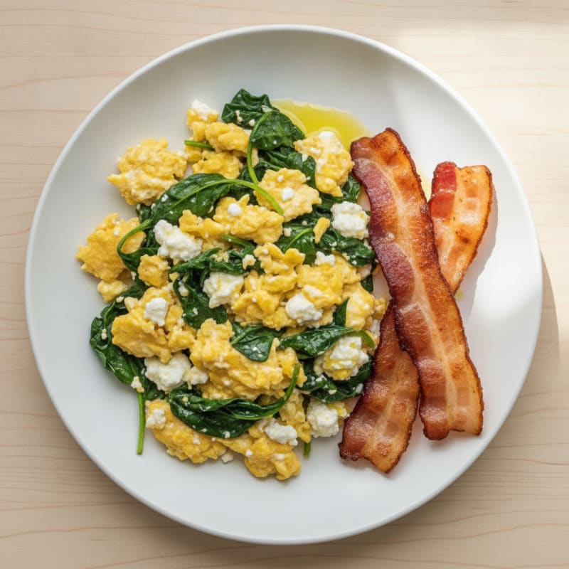 Cottage Cheese Egg Scramble with Spinach and Turkey Bacon