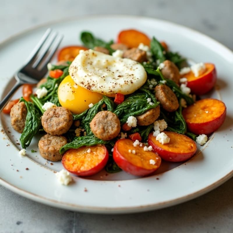 Egg White and Turkey Sausage Scramble with Spinach and Roasted Sweet Potatoes