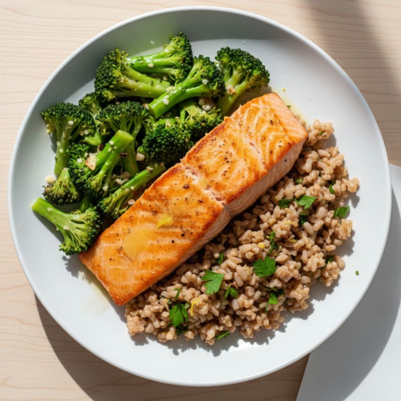 Seared Salmon with Herbed Rice and Sautéed Broccoli