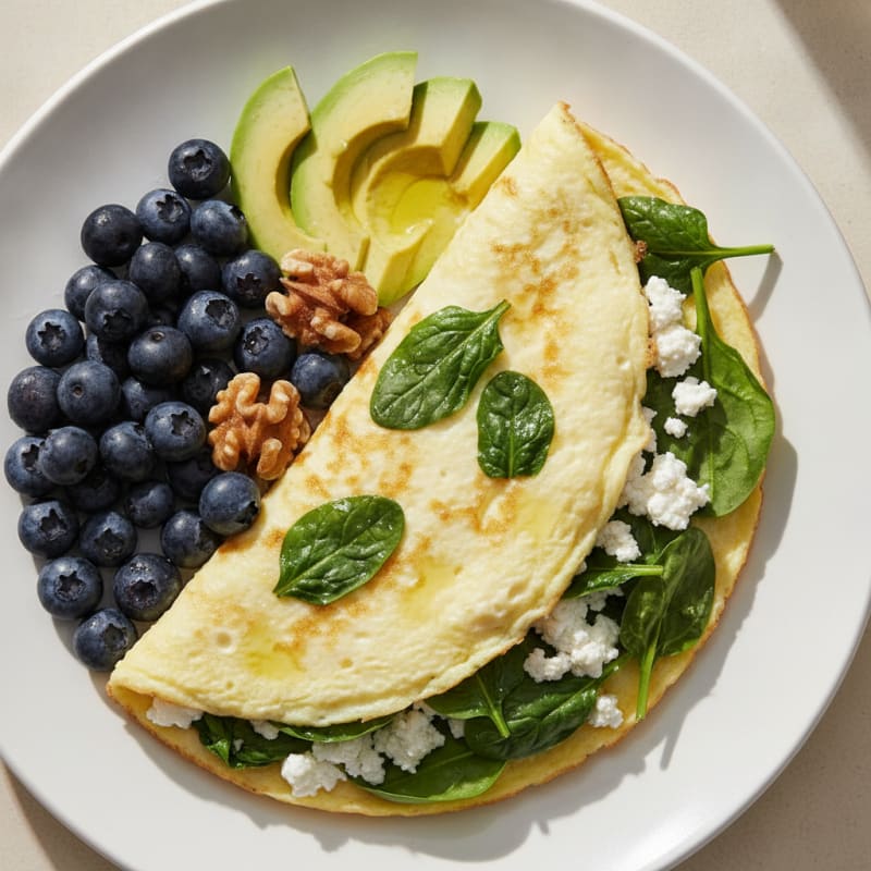 Egg White Spinach Omelet with Cottage Cheese and Fresh Berries