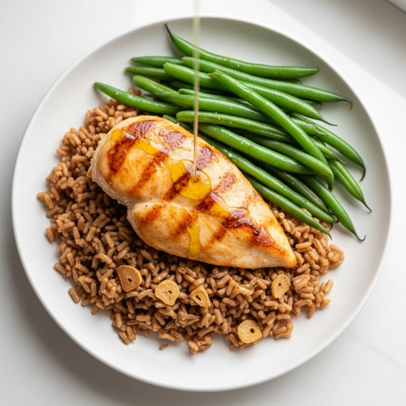 Seared Chicken Breast with Garlic Brown Rice and Steamed Green Beans