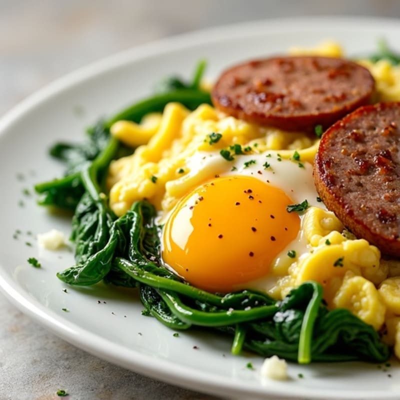 Egg White Scramble with Turkey Sausage and Sautéed Spinach