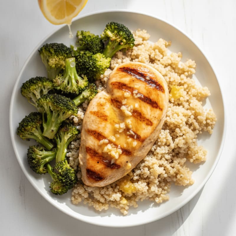 Grilled Chicken Breast over Quinoa and Roasted Broccoli