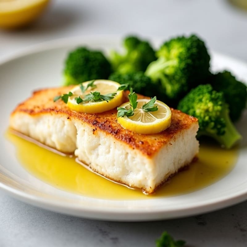 Pan Seared Cod with Steamed Broccoli and Lemon