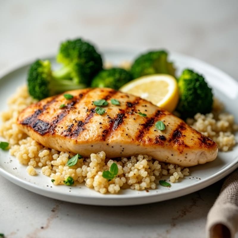 Grilled Lemon-Garlic Chicken Breast with Quinoa and Roasted Broccoli