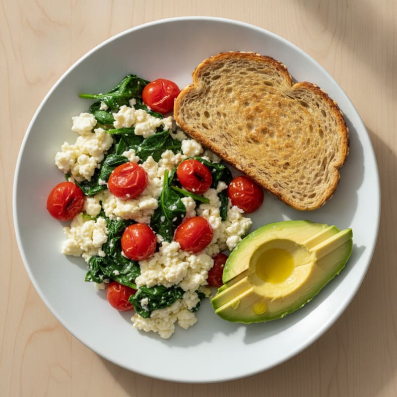 Cottage Cheese and Egg White Scramble with Spinach and Cherry Tomatoes