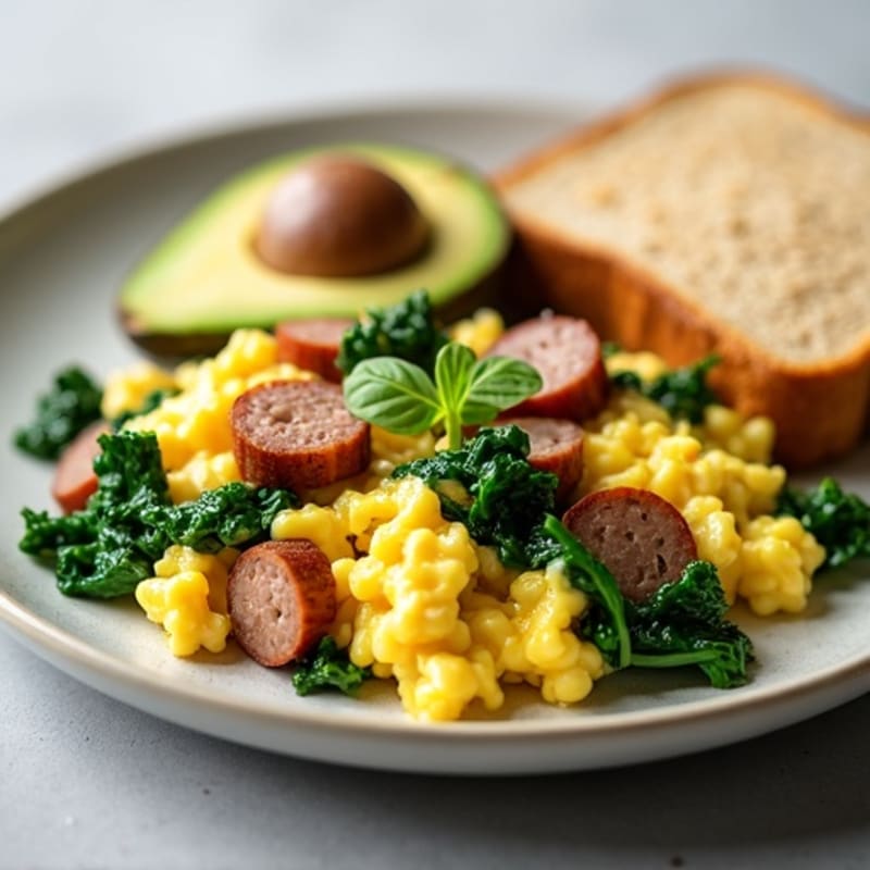 Egg White and Turkey Sausage Scramble with Sautéed Spinach