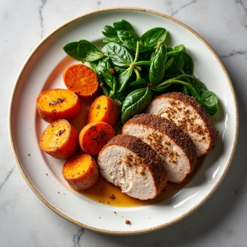 Coffee-Spiced Pork Tenderloin with Roasted Sweet Potatoes and Creamy Spinach