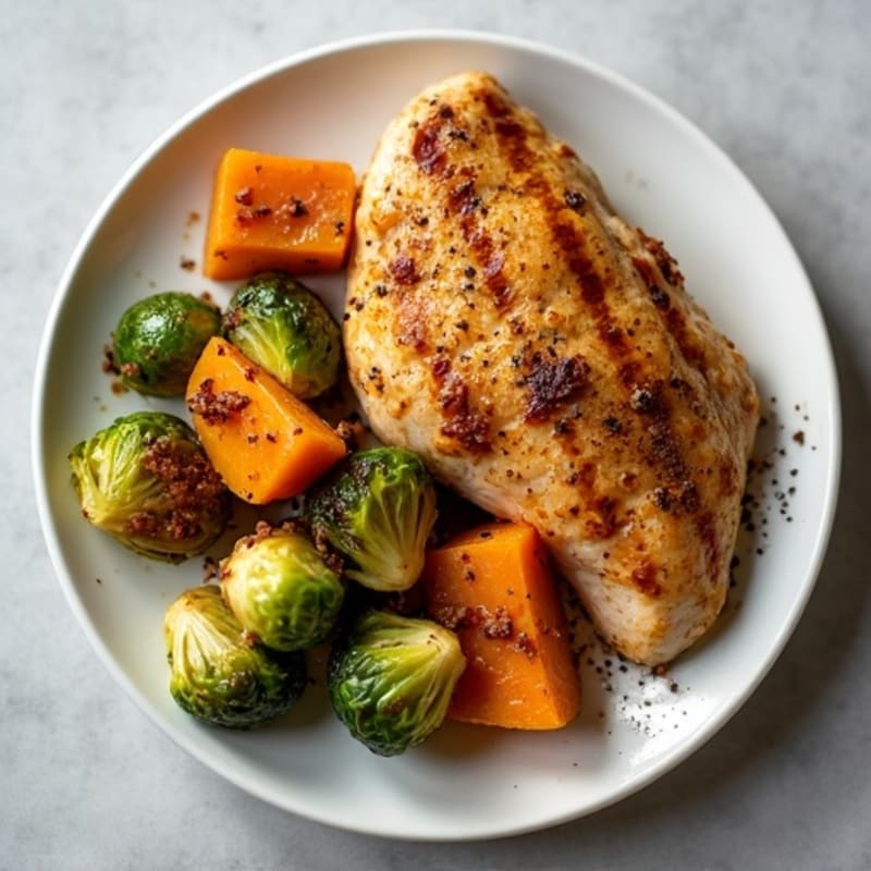 Roasted Sweet Potato and Chicken with Crispy Brussels Sprouts