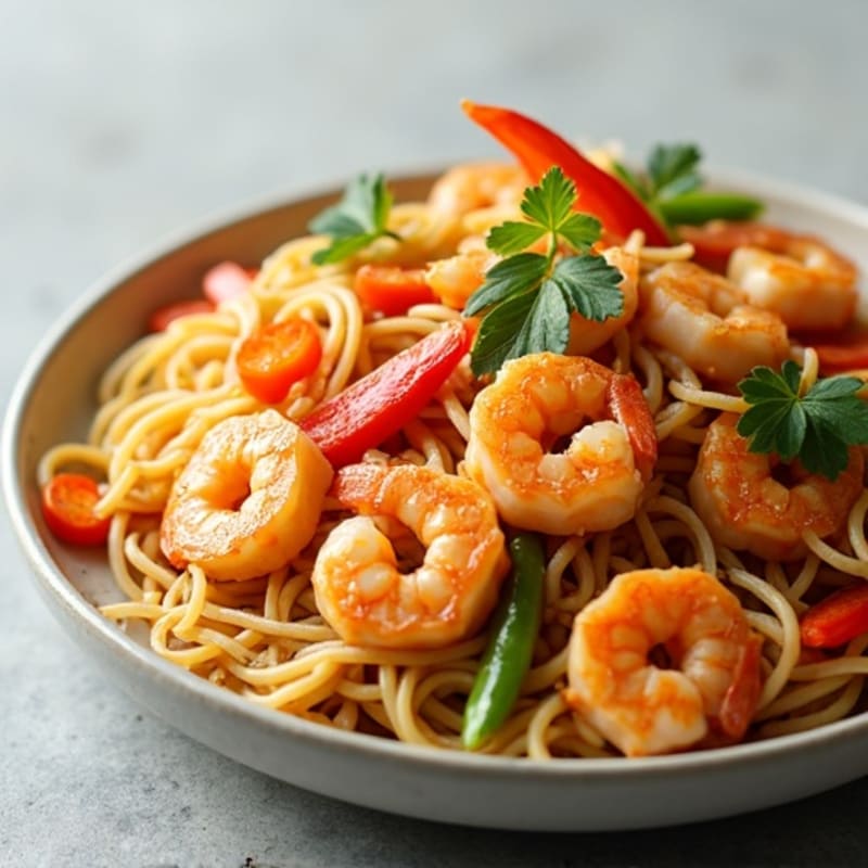Shrimp with Tangy Peanut Noodles and Crispy Veggies