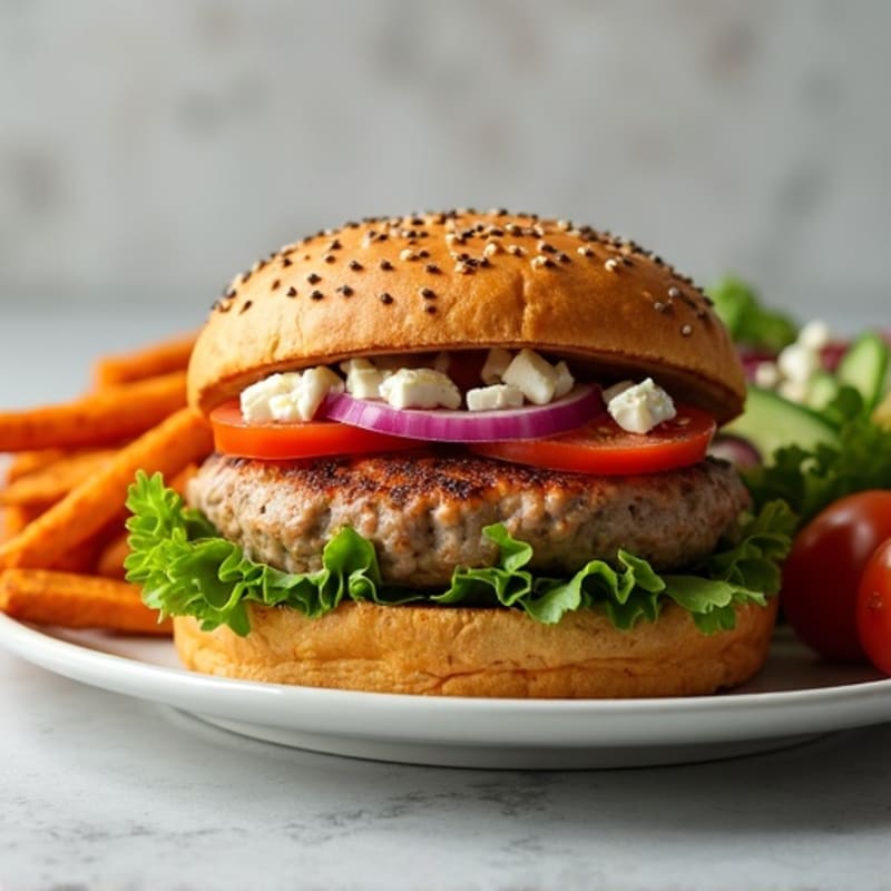 Lean Grilled Turkey Burger with Crispy Sweet Potato Fries and Fresh Garden Salad