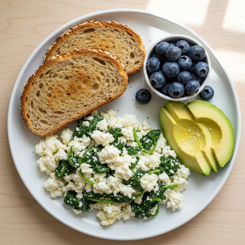 Scrambled Egg Whites with Cottage Cheese and Sautéed Spinach