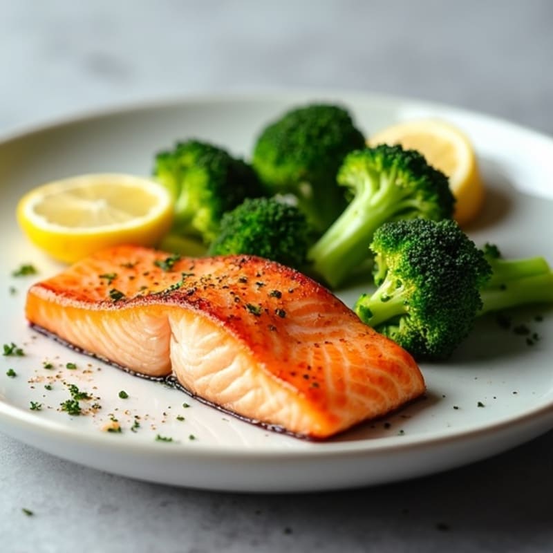 Seared Salmon Fillet with Steamed Broccoli and Lemon