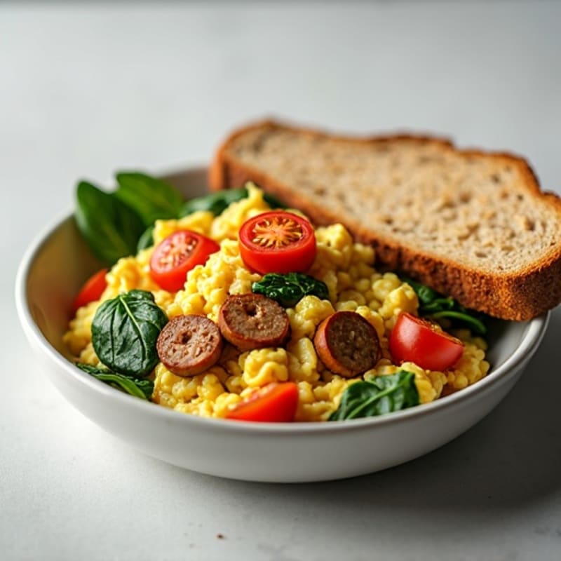 Egg White and Turkey Sausage Scramble with Spinach, Tomatoes, and Whole Grain Toast