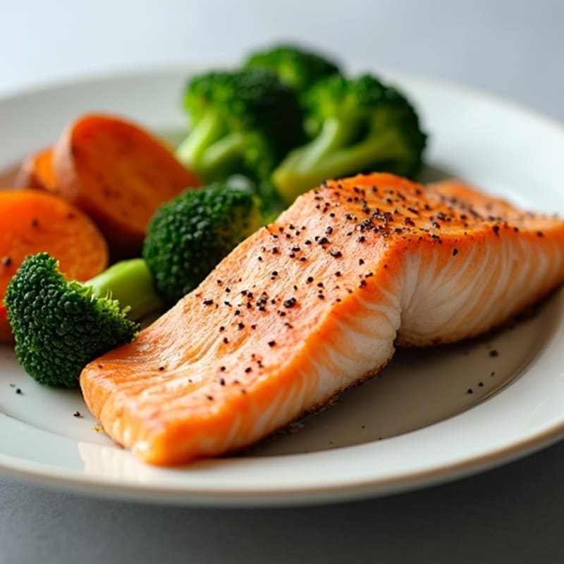 Seared Salmon with Steamed Broccoli and Roasted Sweet Potato