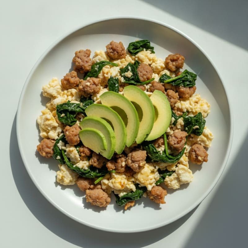 Scrambled Egg Whites with Turkey Sausage and Sautéed Spinach
