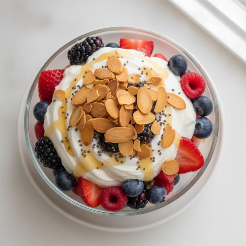 Greek Yogurt Protein Parfait with Mixed Berries and Almonds