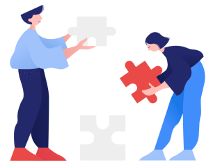 Graphic of people putting puzzle pieces together.