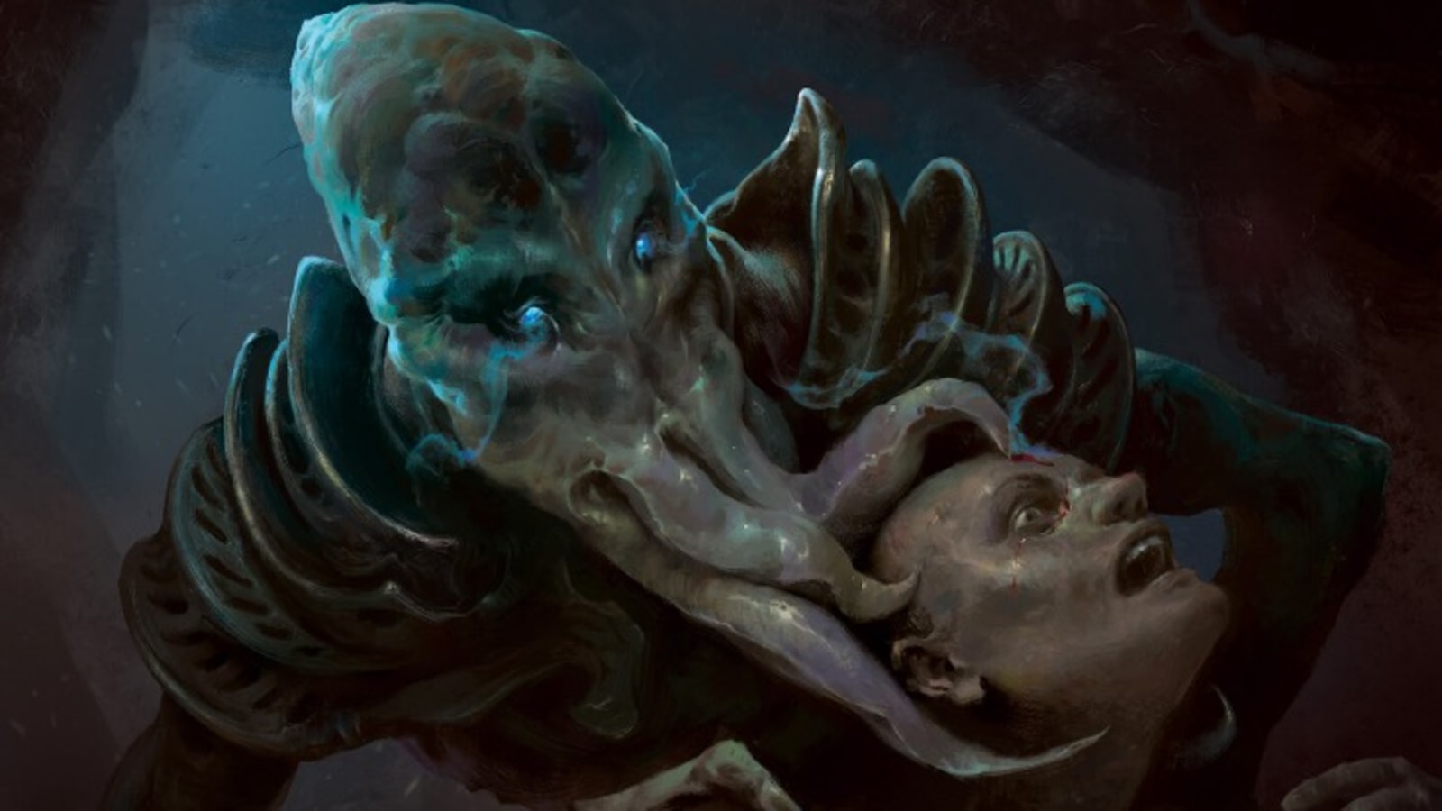 A mind flayer restraining a victim as its tentacles wrap around the victim's head