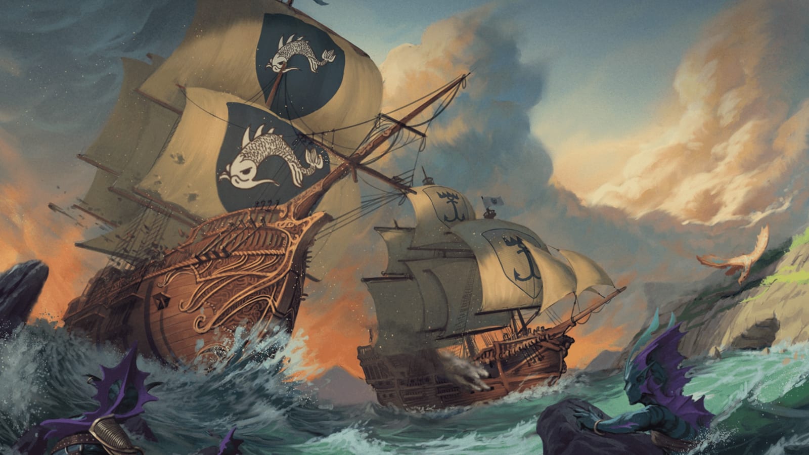 Ships sailing through a dangerous fantasy sea