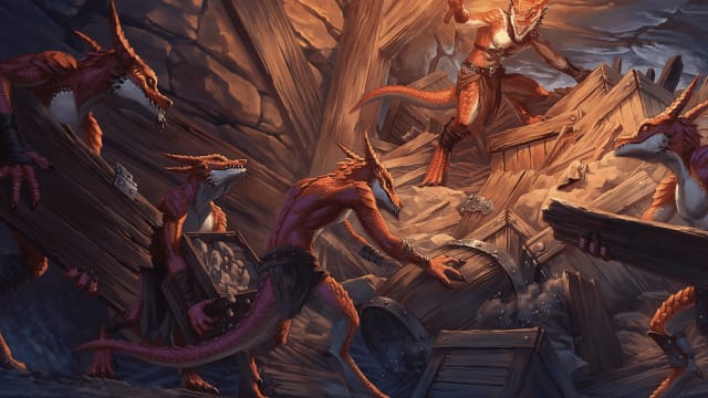 A party of adventurers fighting dragons in a burning dungeon