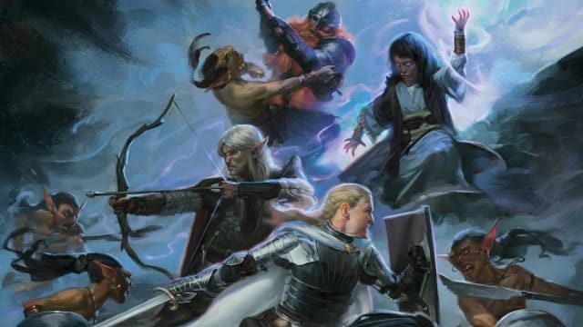 A group of Dungeons & Dragons adventurers, including an archer, armored fighter, barbarian, and spellcaster, battling goblins