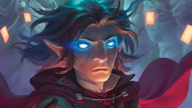 Fantasy illustration of a College of Spirits Bard with glowing eyes