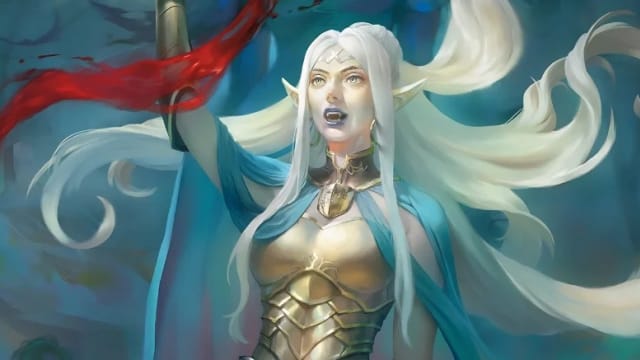 Fantasy illustration of a Grave Domain Cleric with white hair and flowing magic
