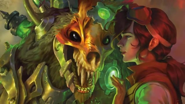Fantasy illustration of a Reanimator Artificer beside a mechanical dragon